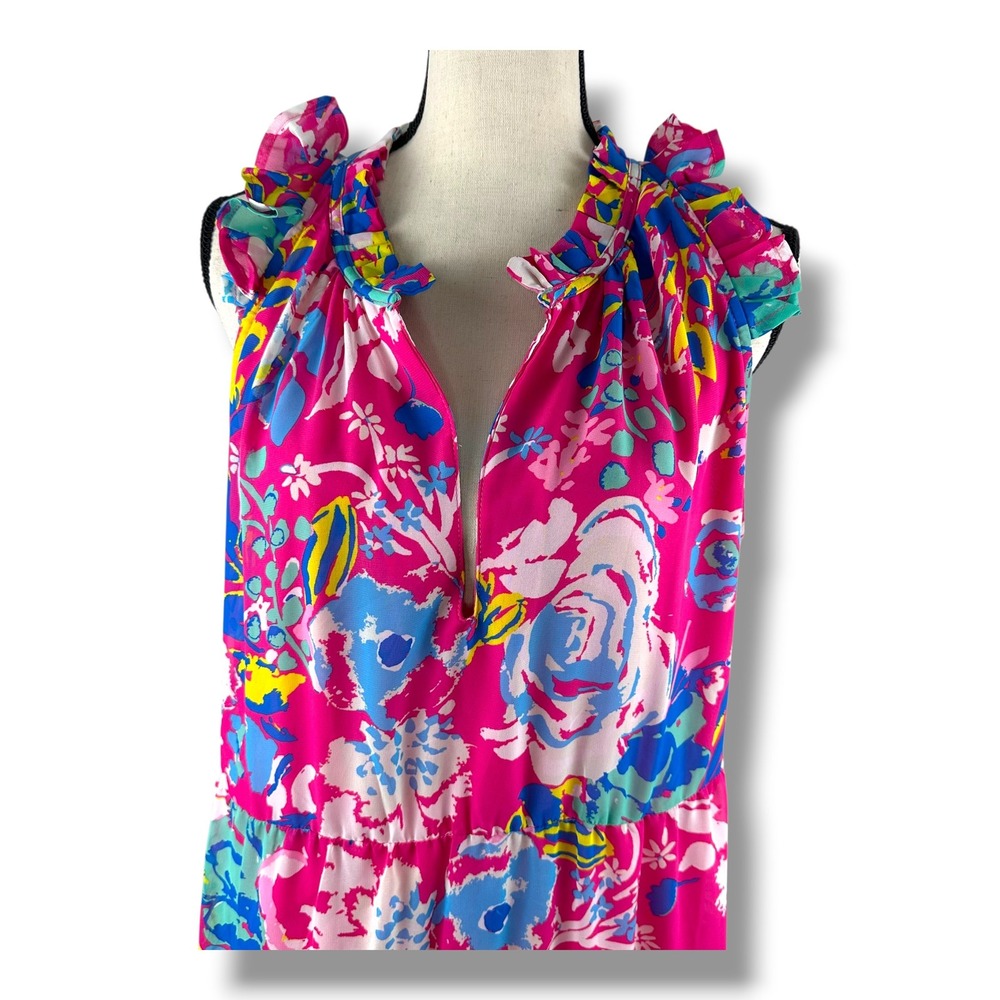 Mud Pie Womens Pink Floral Tiered Maxi Dress Sleeveless Ruffle Neck Large‎ L - Picture 4 of 14